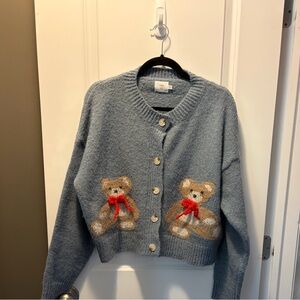 Medium Luna Ivy Blue Crop Cardigan with Teddy Bear Design